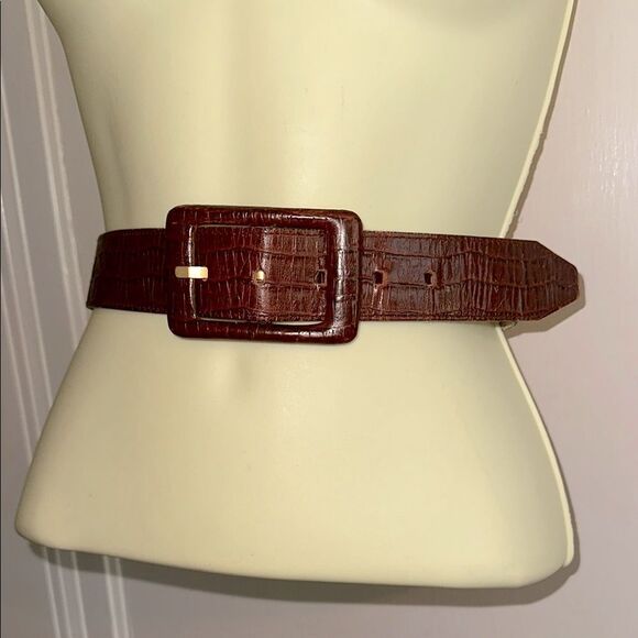 Vintage 80s Mondi Brown Wide Leather Belt with Crocodile Embossed Texture - Picture 1 of 7